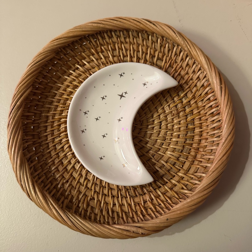 🛍️ 3FOR20 | White Crescent Moon Trinket Dish with Tiny Gold Stars | Ring Dish